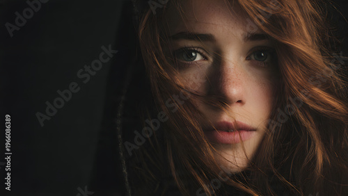 Close-up portrait of a young woman with flowing red hair and a contemplative expression.
