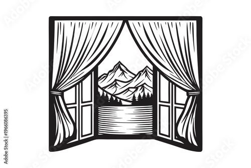 Adventure Awaits Concept with Black and White Open Tent Silhouette Illustration