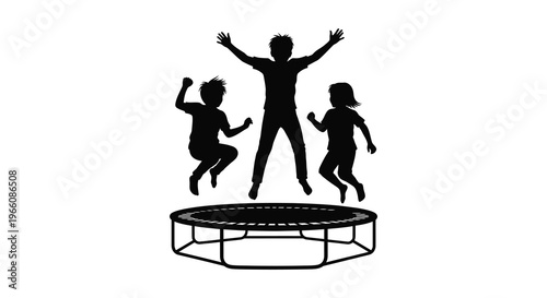 Three children joyfully jumping on a trampoline arms raised in exhilaration presented as a striking silhouette high quality professional detailed modern