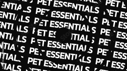 Rotating circular text animation displaying pet essentials phrase arranged in concentric motion with central empty space for overlay content.