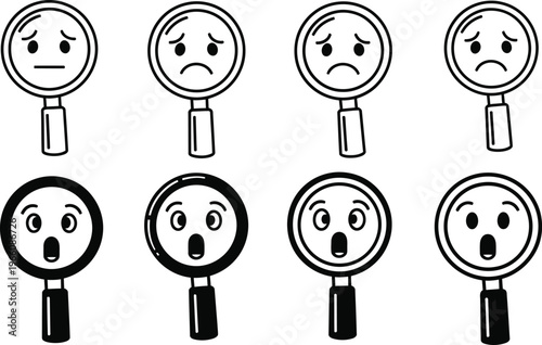 Magnifying glass cartoon faces with various emotions