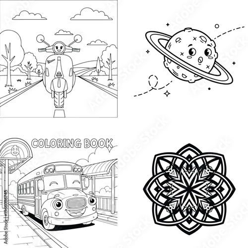 Charming cartoon saturn planet with ring and scooter outline with coloring page with solar system