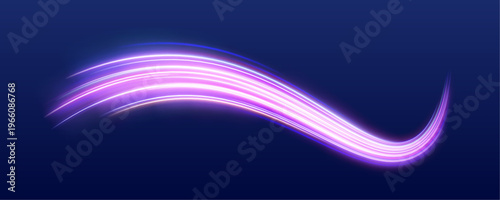 Neon purple streaks flash through night highway scene. Motion blur enhances speed and dramatic light effect. Abstract composition.