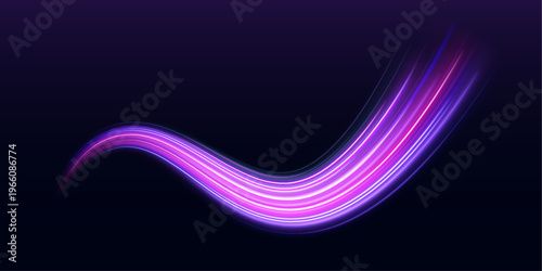Neon pink waves twist through dark urban expressway. Glowing trails enhance depth and motion illusion. Cyber design.