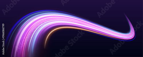 Bright multicolor streaks move across highway at speed. Motion blur forms energetic futuristic light flow. Vector illustration.