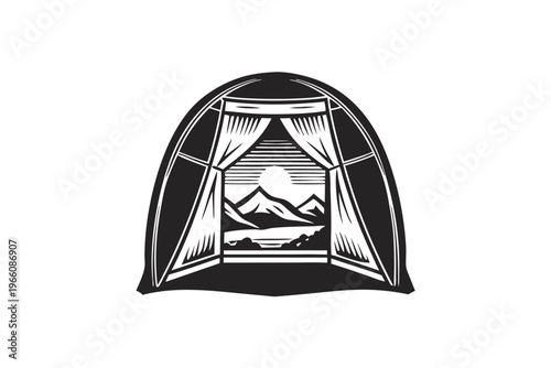 Inside View from a Tent Door Silhouette of a Foggy Forest Morning