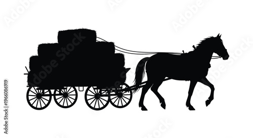 A striking black silhouette depicts a horse drawn wagon loaded with hay bales evoking a rustic and historical scene silhouette high quality