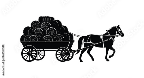 A black silhouette depicts a horse pulling a cart laden with round hay bales in a rural setting silhouette high quality