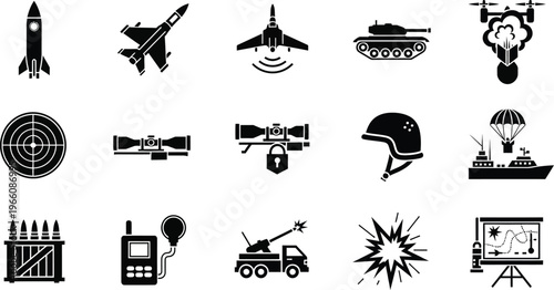 Military icons set a comprehensive collection of warfare and defense related black silhouette illustrations