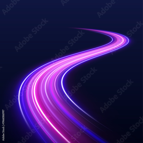 Glowing purple and blue lines rush over city road. Light trails simulate speed and acceleration motion. Futuristic design artwork.