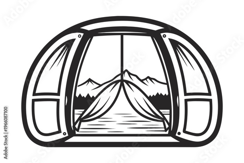 Wildflower Meadow and Distant Hills Seen Through a Tent Silhouette Frame