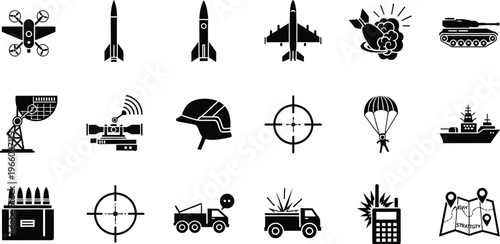 Military icons set a collection of warfare and defense related black silhouette illustrations