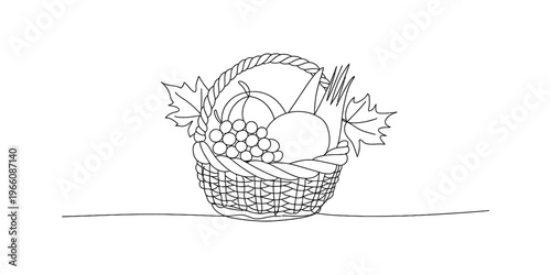 A simple black and white line drawing of a wicker basket filled with various autumn harvest fruits Vector, illustration