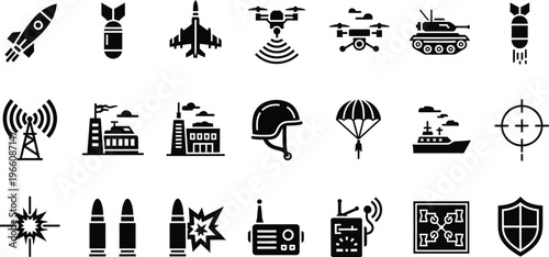 Military icons set a comprehensive collection of warfare and defense related symbols