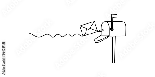 A single continuous line drawing of an envelope being delivered into a classic metal mailbox. Vector, illustration