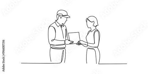 Continuous line drawing of a delivery person handing over a package to a customer at the doorway. Vector, illustration