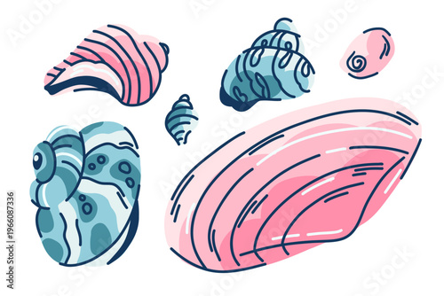 Set of shiny seashells in turquoise and pink, mussel shells, clams and hermit crabs on white, sea treasures for decoration