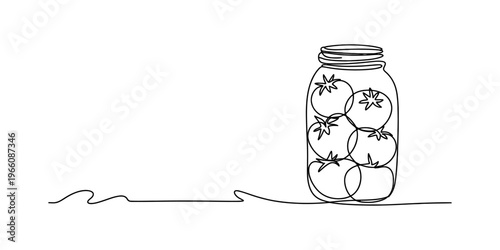 A single continuous line drawing of a glass jar filled with fresh ripe tomatoes on a white background Vector, illustration