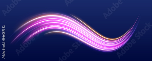 Light trails bend across a futuristic highway curve. Motion blur enhances speed perception. 