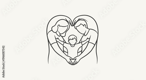 Line art drawing of a loving family embraced within a heart shape, symbolizing parental care and security, on a bright studio background.