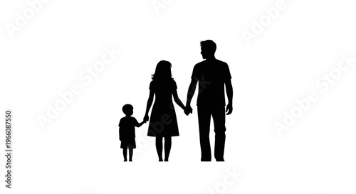 Loving family silhouette (father, mother, and child) walking together, holding hands, isolated white background.
