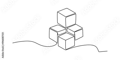 A single continuous line drawing of four cubes arranged in a geometric block formation together. Vector, illustration