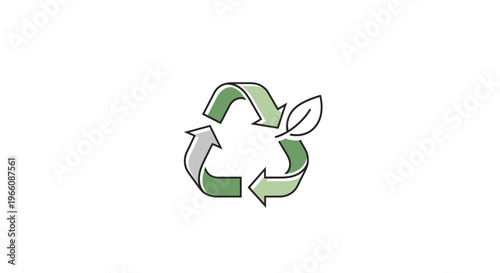 Vibrant green and gray 3D style recycle symbol with an integrated leaf, clearly representing environmental conservation and sustainability on an isolated white background.