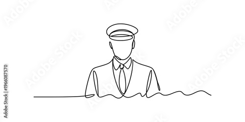 A minimalist single line drawing of an airline pilot wearing a formal uniform and peaked cap hat Vector, illustration