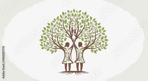 Stylized family tree with two interconnected figures, symbolizing nature's growth and generational roots, on a bright studio background.