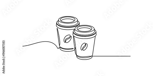 A minimalist single line drawing of two disposable coffee cups with lids on a clean white background Vector, illustration