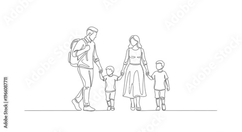 Continuous line art of a loving family with parents and two children walking together, symbolizing togetherness and journey, isolated white background.