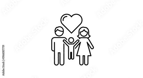 Loving family icon with a heart symbol above, representing parental care and happiness, isolated white background.