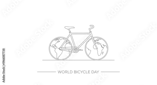 Line art of a bicycle with a world map on its wheels for World Bicycle Day, symbolizing global sustainable transportation, isolated white background.