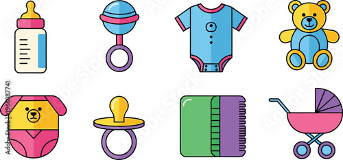 Baby Essentials and Toys Icons Set Featuring Bottle, Rattle, Onesie, Teddy Bear, Pacifier, Stroller, and Baby Clothes for Nursery, Baby Shower, and Parenting Designs