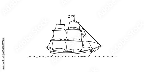 A simple black and white line drawing of a classic tall sailing ship traveling across the ocean Vector, illustration
