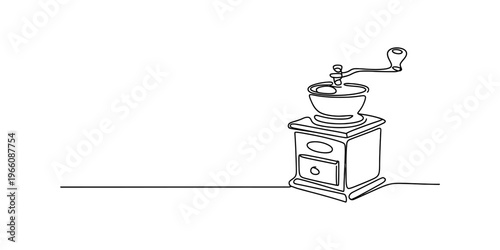 A minimalist single continuous line drawing of a vintage hand crank coffee grinder machine design Vector, illustration