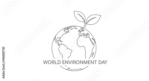 Continuous line art of a globe with a sprouting plant, symbolizing World Environment Day and ecological growth on an isolated white background.