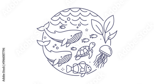 Underwater ocean ecosystem with whales, fish, turtle, jellyfish, and seaweed, symbolizing marine life and nature conservation, isolated white background.