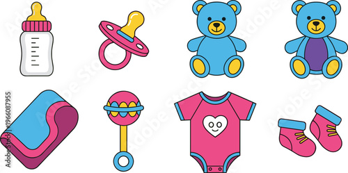 Baby Care Icons Set with Bottle, Teddy Bear, Pacifier, Rattle, Clothing, and Socks for Nursery, Baby Shower, and Parenting Designs