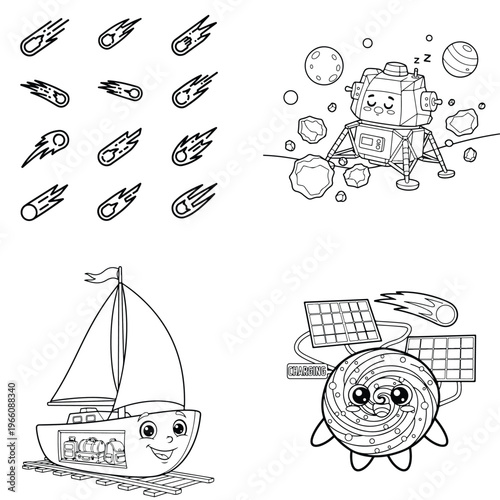 Cute cartoon space exploration and nautical sailboat coloring line art set with lunar lander