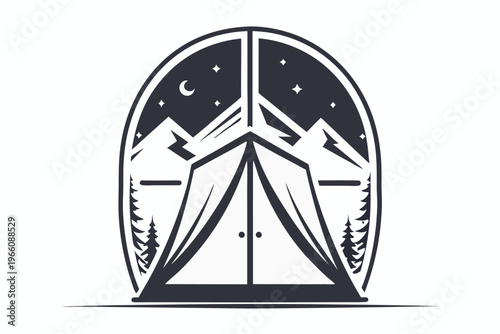 Minimalist Black and White Silhouette of a Mountain View Through an Open Tent Door