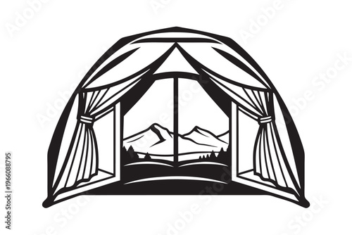 Adventurous Nature View from Inside a Tent Silhouette Vector Illustration in Monochrome