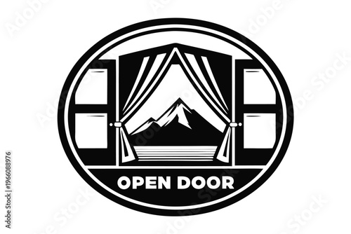 Black and White Graphic of a Scenic Mountain Peak Vista from a Camping Tent Door
