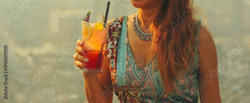 Hands holding cocktails, mocktails, refreshing drinks at roof top bar
