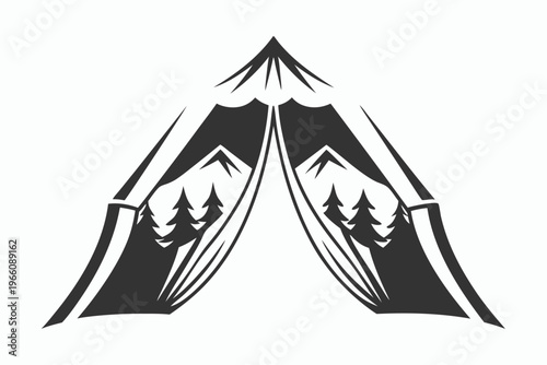 Minimalist Travel and Camping Concept with Tent Silhouette and Mountain Horizon Background