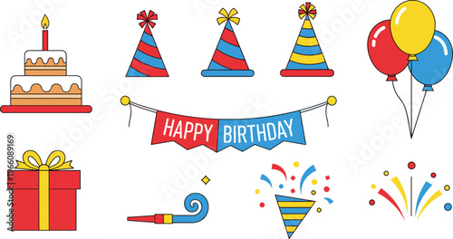 Birthday Party Essentials Set Featuring Cake, Balloons, Hats, Gifts, Banners, and Party Decorations for Celebration Illustrations