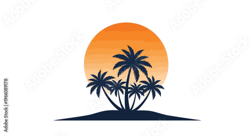 Silhouette of palm trees against a vibrant orange circular sunset backdrop