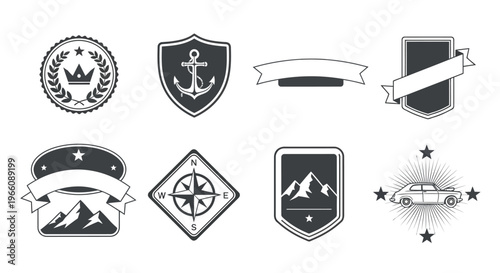Collection of vintage black and white badges and emblems with various designs
