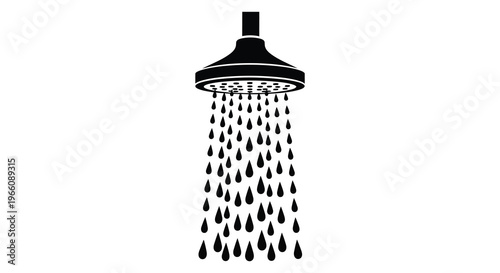 A black showerhead emitting droplets of water depicted as a stark contrasting silhouette high quality professional detailed modern elegant stylish clean