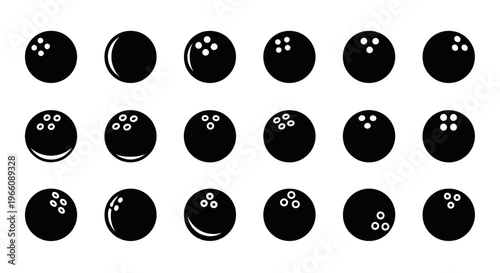 Black bowling ball icons, vector set of 20 bowling balls, black and white illustration, sports symbols